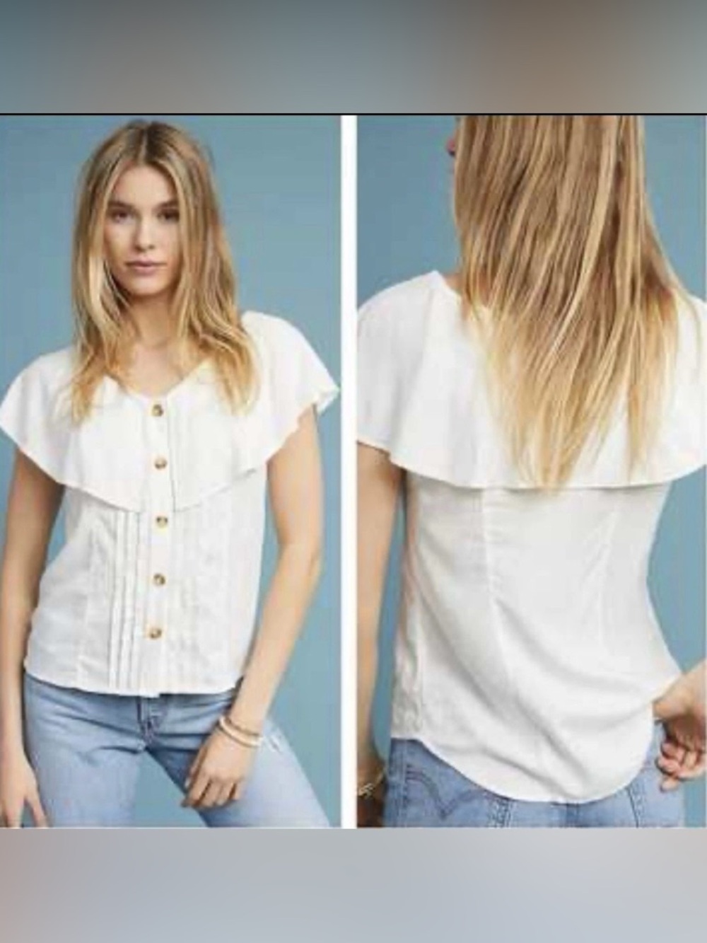 Anthropologie White Ruffled Yoke Button-Front Blouse